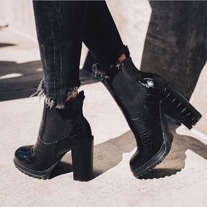 Black croc print boot heels